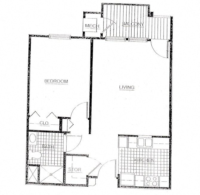 Floor plan for 1 bed, 1 bath, 600 sqft